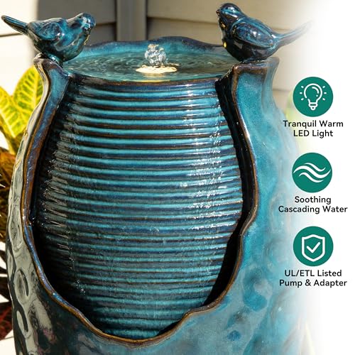 Autodaya 25" H Jar Ceramic Outdoor Water Fountain with LED Lights and Birds | Elegant Turquoise Glaze with Bubble-Like Texture, Decorative Garden Water Feature, cascading water flow for yard sanctuary - color: 25"h Turquoise