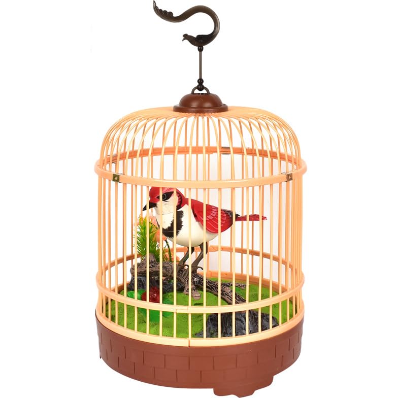 PowerTRC Singing & Chirping Bird in Cage, Realistic Sounds & Movements, Sound Activated, Battery Operated, Great Desk and Room Accessory, Pet Caged Bird Toy (10” x 7”) - color: #2 Red & White