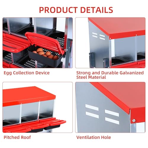 6-Compartment Chicken Nesting Boxes, Metal Hen Laying Boxes with Roll-Away Egg Tray, Lockable Lid, Easy-Clean Design for Coop and Farm - color: Red, size: 6 holes without Legs
