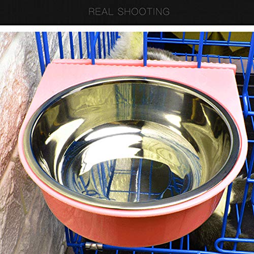 Crate Dog Bowl Removable Stainless Steel Water Food Feeder Bowls Cage Coop Cup for Cat Puppy Bird Pets (Small, Pink Orange with Corrugated Clip) - color: Pink with Corrugated Clip, size: Small