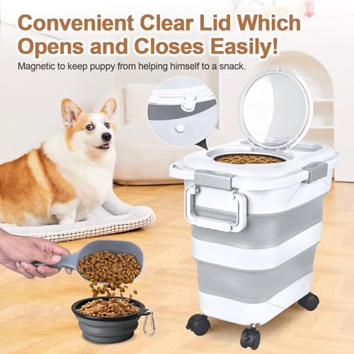Dog Food Storage Container，10-25 lbs Airtight Collapsible Cat Food Storage Container with Attachable Wheels, Portable Handle, Dog Food Scoop for Dog Cat Bird Pet Dry Food Storage Bin Light Grey - color: Light Grey, size: Large