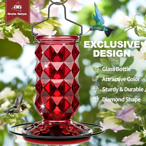 2 Pack Glass Hummingbird Feeders for Outdoors, 25 Ounces Wild Bird Nectar Feeder with Perch & 5 Flower Feeding Ports Leak Proof Hanging for Garden Backyard Decor, Gifts for Women Mom, Red - color: 2 Pack Diamond Sparkling Red