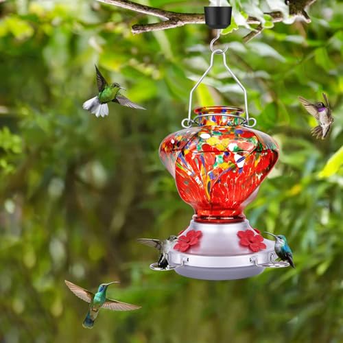 Hummingbird Feeder for Outdoors with Ant Moat, Hummingbird Feeder, Hand Blown Glass, 4 Bee Guard Feeding Ports with Perch, Outdoor Garden Décor, 16OZ, Red, Gifts for Mom Wife Dad Men Women - color: Red & Yellow