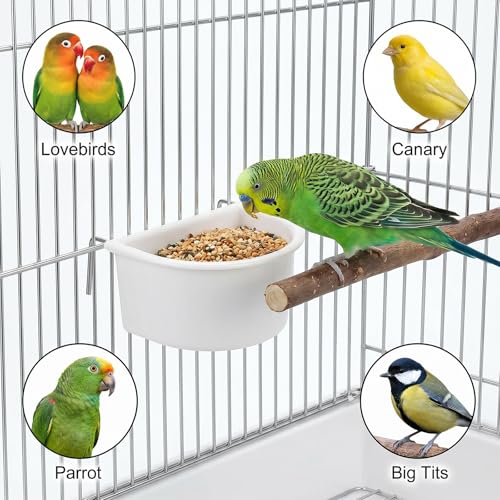 2-Pack Bird Cage Feeder, Plastic Hanging Bird Food Bowl Cups Feeder with Metal Hooks White Food and Water Dispenser Bowl for Small Birds Parakeet Parrots