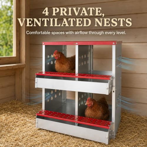 4-Compartment Roll Away Chicken Nesting Box for Hens, 21 Inch | Metal build, Egg collection tray, Perch, Protective lid, Wall mount, Freestanding setup, Ducks, Backyard coop, Barn supply - size: 16.3"L x 16.9"W x 24.4"H