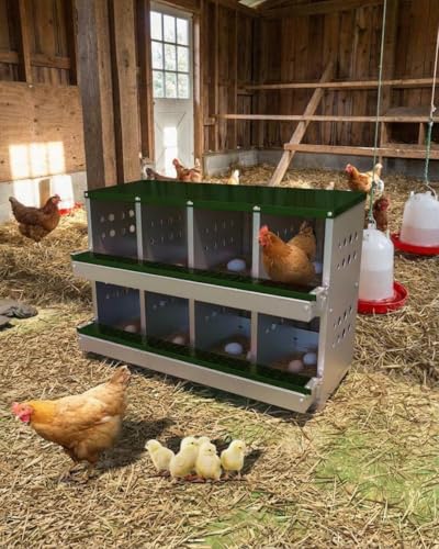 Chicken Nesting Box, 8 Compartment Metal Nesting Box, Wall Mountable Nesting Boxes with Swing Perch and Roll Away Egg Collection, Vented Holes, 8 Training Eggs Included - color: Green