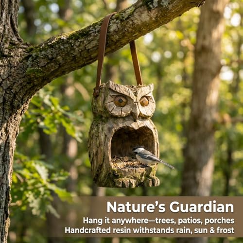 Owl Bird Feeder for Outdoors Hanging, Resin Sculpture Wild Birdfeeders with Lanyard, Decorative Birdhouse for Garden Yard, Weather Resistant Animal Planter for Outside