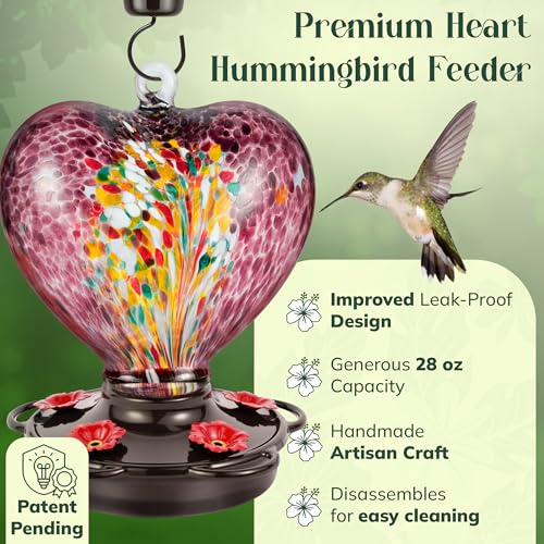 Hand Blown Glass Hummingbird Feeder for Outdoors All Season Use - 28 Fl. Oz. Leak Proof Hummingbird Feeder with Rust Proof Base - Includes Ant Moat, Ant & Bee Proof (Purple) - color: Purple