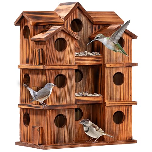 MIXUMON Wooden Bird Houses for Outside – 15 Rooms Multi-Chamber Bird House, Carbonized Pine Rustic Finish, 1.57" Entrance Holes, Individual Cleaning Doors, Decorative Outdoor Bird Nesting Box