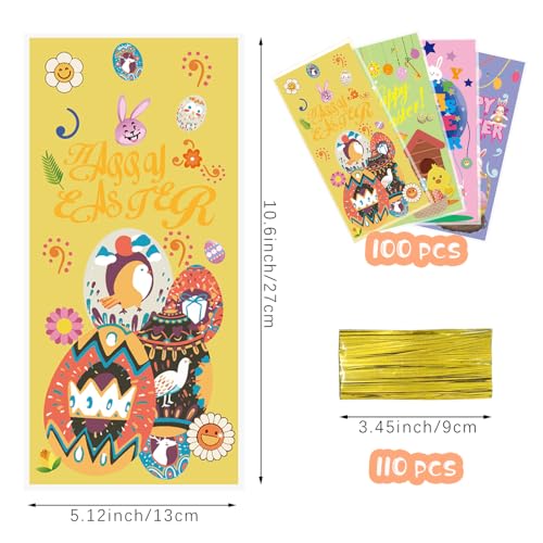 100 Pcs Easter Cellophane Treat Bags - 5 x 11 in Clear Candy Bags with 110 Gold Twist Ties for Kids - 2.8 Mil Thick Happy Easter Goodie Bags for Cookies, Snacks, Party Favors & Gift Packaging - color: Easter 100pcs