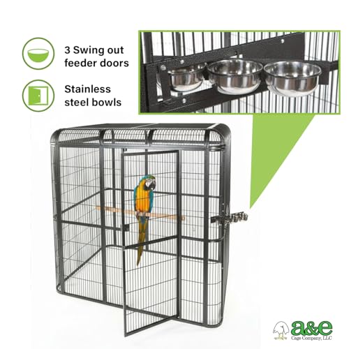 A&E Cage Co WI6262 Walk-in Bird Aviary for Parrots, 62"x62"x79" Black | Key-Lock 69"x25" Door, 3 Swing-Out Feeder Stations, Stainless Steel Bowls, Fits African Greys, Amazons & Cockatoos - size: 62.0"L x 62.0"W x 79.0"H