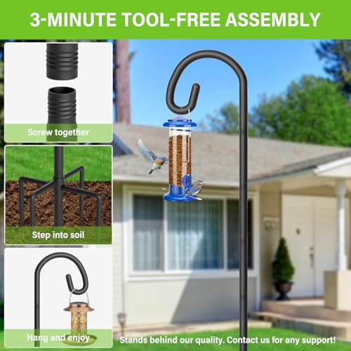 Shepherds Hook for Bird Feeder, 76" Heavy Duty Bird Feeder Pole with 5-Prong Base, Extra Thick Metal Shepherd Hook for Outdoor Hanging Plant Basket, Hummingbird Feeder, Solar Lantern, Black, 2 Pack - size: 76", style: 2 Pack