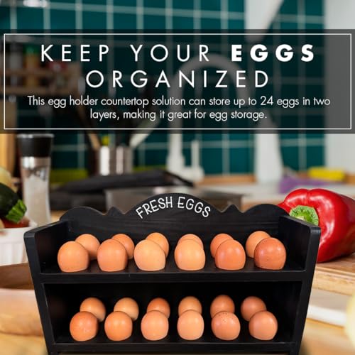 Black Premium Pine Wooden Egg Holder 2-Tier Durable 24-Egg Storage Solution Ideal for Modern and Rustic Kitchen Fresh Eggs