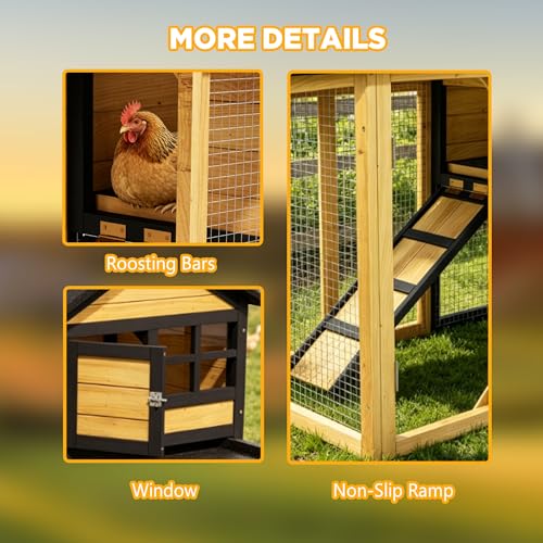 Wooden Chicken Coop with Run, Outdoor Hen House Poultry Hutch with Removable Tray & Ramp, Wire Fence, Weatherproof Roof, for Backyard 2-3 Chickens - color: Yellow