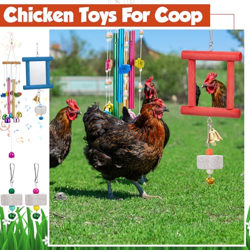 VioraWhite 7 Pcs Chicken Toys, Hanging Chicken Wind Chime, 2 Pcs Coop Mirror Toys with Bells 4 Pack Beak Grinding Stones, Musical Coop Accessories for Hen Rooster Chick Poultry Bird(Rose Red, Blue) - color: Rose Red, Blue