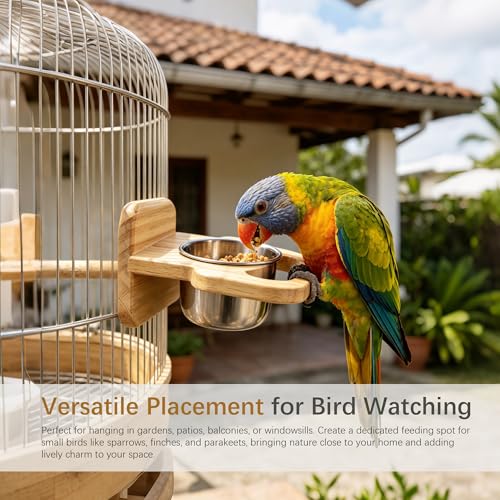 Bird Feeding Cup with Platform, Hanging Stainless Steel Parrot Feeding Bowl, Wooden Perch Stand, Bird Cage Food and Water Feeder for Parakeets, Cockatiels and Lovebirds