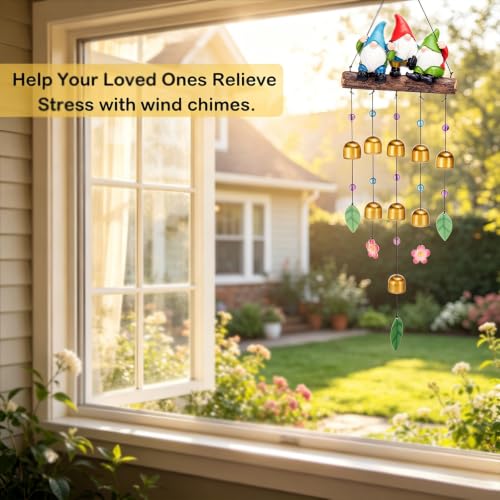 Gnome Wind Chime for Outside, Resin Wind Bells for Garden Decor | 29" Wind Chimes Outdoor with 3 Resin Gnome Statues and 8 Metal Bells, Soothing Tone Wind Bell Chimes, Housewarming Gifts - size: Gnomes