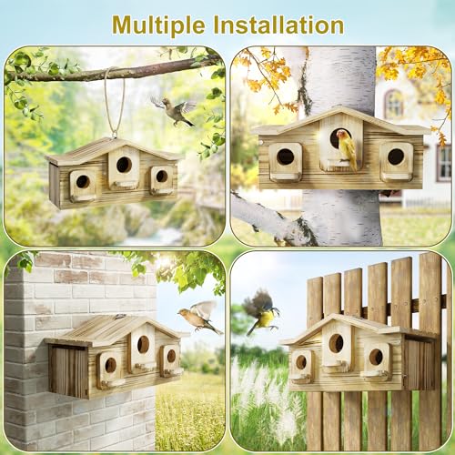 Auslar Bird House for Outside, 3 Hole Wooden Birdhouse for Outdoors Hanging | Bird Nesting Box for Bluebirds Cardinals Finches Wrens Swallows, Predator Guard, Perch & Hook, Garden Backyard Decor - style: Rectangular