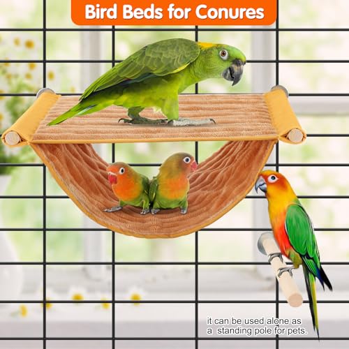 BWOGUE Bird Nest Bed Hanging Hammock, Parakeet Bed for Cage, Cockatiel Bed | Warm Fleece Snuggle Hut, Double-Layer Comfort, Wooden Perch Setup, Washable Hammock - color: Yellow, size: Large (13.56"x9.2")
