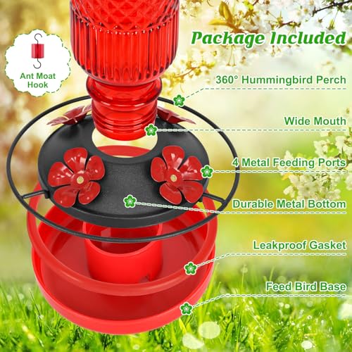 Glass Hummingbird Feeder for Outdoors Hanging, 16 oz Leak-Proof Nectar Feeder with Bee Guards & Ant Moat, 4 Metal Flower Feeding Ports, 360° Perch Ring, Easy Refill & Clean, Red - color: Red