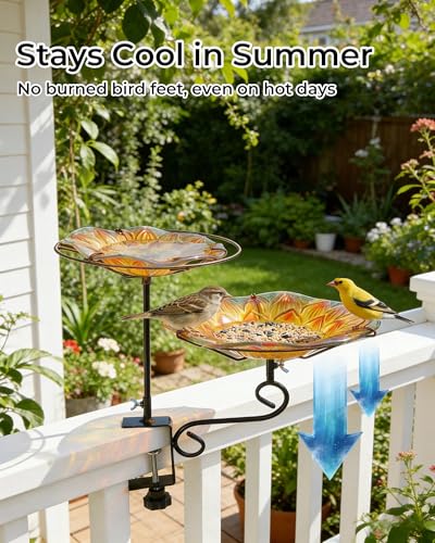 Glass Deck Mounted Bird Bath with Feeder for Balcony Yellow | Adjustable Clamp Fits Various Railings, 11" Bowl for Bird Lovers on Patios & Small Outdoor Spaces, Easy Setup, Great Gift