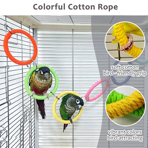 6-Ring Bird Swing Toy for Cage, DIY Cotton Rope for Parrot Soft Grip | Adjustable Colorful Perch, Hanging Parakeet Toys, Interactive Multi-Bird Swing and Climb for Budgies, Lovebirds, Cockatiels