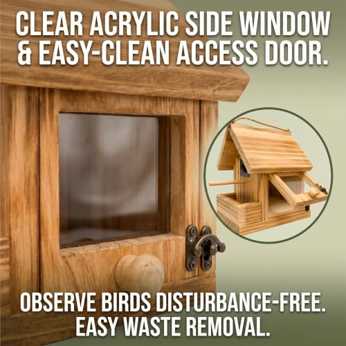 Window Bird Houses for Outside with Clear See-Through Viewing Window | 2-in-1 Wooden Birdhouse with Feeder, Suction Cups & Hanging Rope, Carbonized Wood Bird House for Bluebird Wren Finch - color: Side