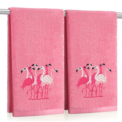 SmoothNovelty 2 Pcs Flamingo Hand Towels Pink Bathroom Decor 14x29 Inch | Embroidered Hot Pink Bathroom Hand Towels, 100% Cotton, Soft Absorbent, Summer Hawaii Bathroom Kitchen Decor - style: Flamingo