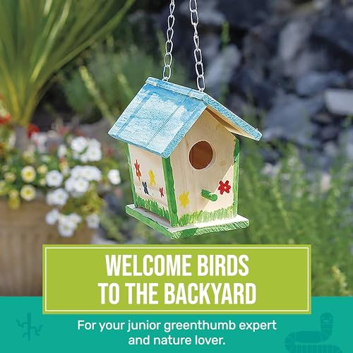 Beetle & Bee Build A Bird Bungalow - DIY Kid Art Craft Outdoor Birdhouse Kit, House Painting Kit for Kids, Hardware Glue Included- 4 Paints, 1 Brush, 7 Wooden Pcs, Chain For Tree Hanging Age 5+ | Includes Paints, Brush, Glue, Nails, Chain, Instructions; K