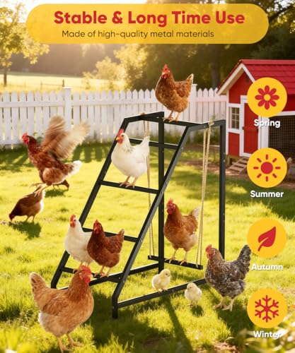 Chicken Perch Swing with Ladder for Coop, Metal Frame Chicken Roosting Bars for 8-10 Hens, Pet Swing Set for Backyard Poultry Farm Roost, Ideal for Chickens' Health and Happiness, Black