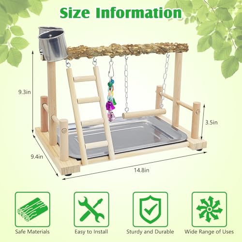 kathson Parrots Playground Bird Perch Wood Playstand Stand with Ladder Swing Feeder Cups Chew Toy for Parakeet Conure Cockatiel Budgie Lovebird Finch Small Birds