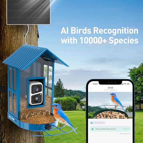 Bird Feeder with Camera with AI Identify Species, Wild Bird Watching, 2K Live View, Instant Arrival Alerts with 5W Solar Powered-Soliom BF08 Metal Blue - color: Blue Large