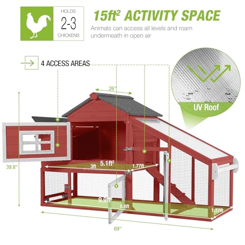 GUTINNEEN Chicken Coop with Wheels Mobile Outdoor Hen House Weatherproof Duck Cage with Large Nesting Box, Leak-Proof Tray, UV-Resistant Roof for 2-4 Chickens (Red) - color: Red