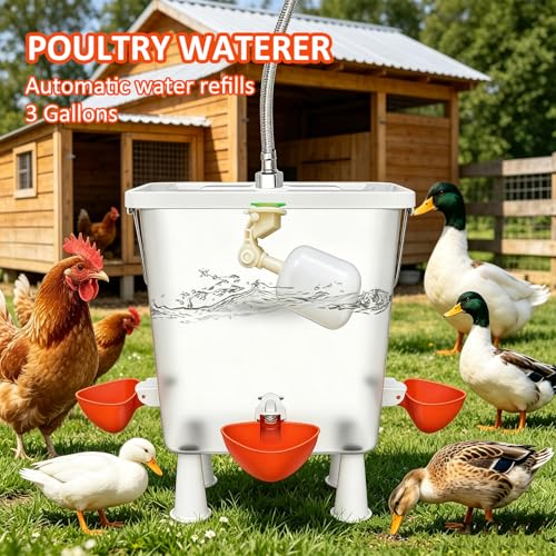 Automatic Chicken Waterer with Float Valve - 3 Gallon Poultry Water Dispenser for Chicken Coop, Self-Fill Watering Feeder for Hens, Ducks, Quails