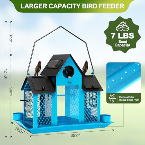 Solar Bird Feeders for Outdoors Hanging, Bird Houses for Outside | Blue,Wild Metal Bird Feeder,7LBS Large Capacity with Water Cup,Squirrel Proof Cardinal Bird feeder,Gift for Bird Lovers - color: Blue