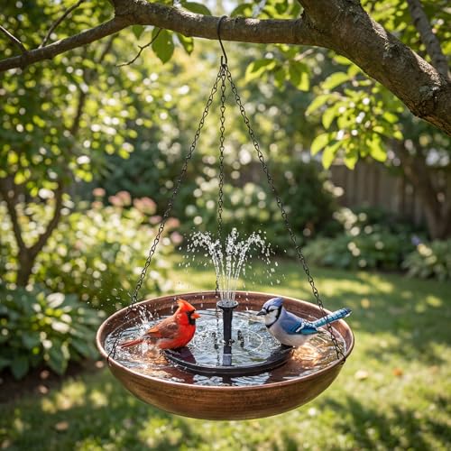 Edenseelake Hanging Bird Bath with Multii-Color Light Solar Powered Fountain for Outside, Metal Bird Feeder with Detachable Bowl for Outdoors Lawn Patio Yard Garden Decor
