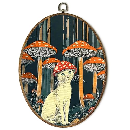 EGVQK Vintage Funny Cat Oval Wall Art, Whimsical Cat with Mushroom Hat Framed Canvas Prints Wall Art, Retro Quirky Dark Academia Oval Canvas Hanging Decor for Bedroom Living Room Home, 8.5x11.5in - color: animal_13