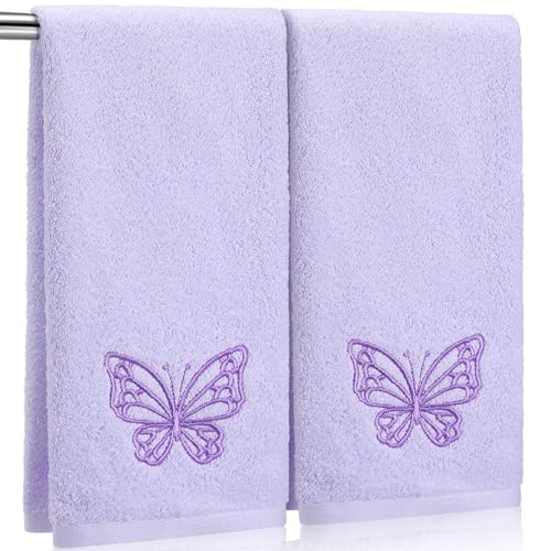 SmoothNovelty 2 Pcs Butterfly Hand Towels Purple Bathroom Decor 14x29 Inch | Embroidered Bathroom Hand Towels, 100% Cotton, Soft Absorbent, Purple Butterfly Bathroom Kitchen Decor - style: Butterfly