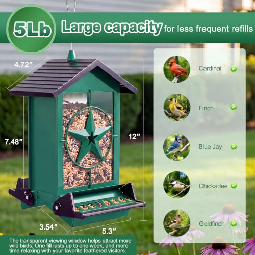 Squirrel Proof Bird Feeders for Outdoors with Weight-Activated, Metal 5LB Large Wild Bird Feeders for Cardinals,Blue Jay,Finch, Weatherproof Durable Hanging Bird Feeder for Backyard,Garden (Green) - color: Green