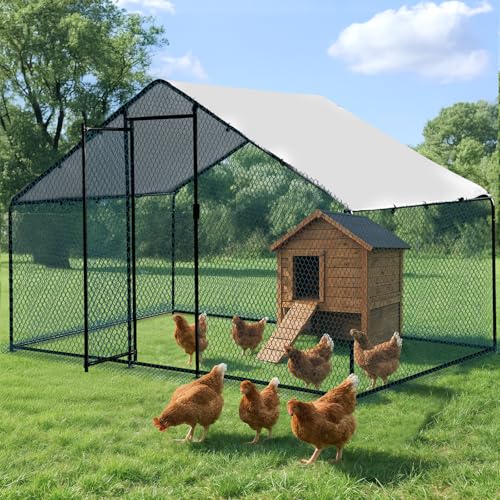 VINGLI Chicken Coop, 6.5 * 9.8 * 6.5 ft Large Metal Poultry Cage for Chicken Run, Walk-in Chicken Pen with Waterproof & Anti-UV Cover for Yard Outdoor (Black-Spire Roof) - color: Black-Spire Roof, size: 117.3"L x 77.6"W x 68.9"H
