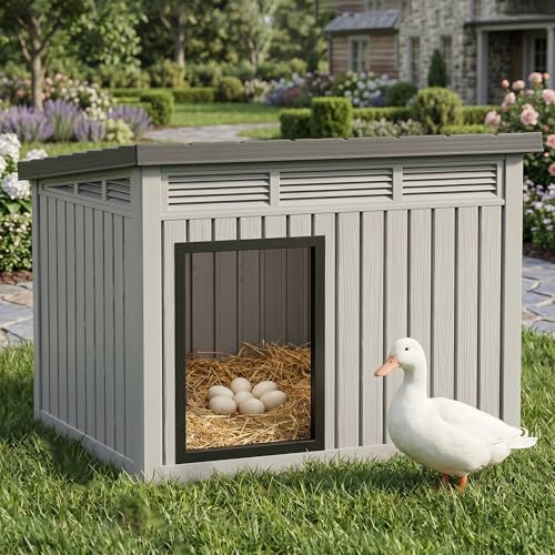 VIXZEN Outdoor Duck/Chicken House, Gray | Resin PP Material, Wood Grain Finish Sloped Roof, Gas Strut Top Opening Ventilated, Spacious Interior & Easy Assembly - color: Grey, size: 32.2"L x 25.1"W x 24.1"H
