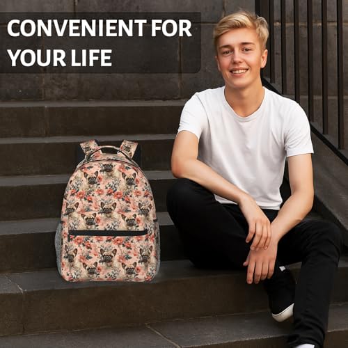 Cute French Bulldog and Rose Flower Backpack for Women Teen Girls School Laptop College Floral Backpacks for Gifts Travel Hiking Work Camping, Polyester Lightweight Aesthetic Bookbag Back Pack - color: Bulldog57