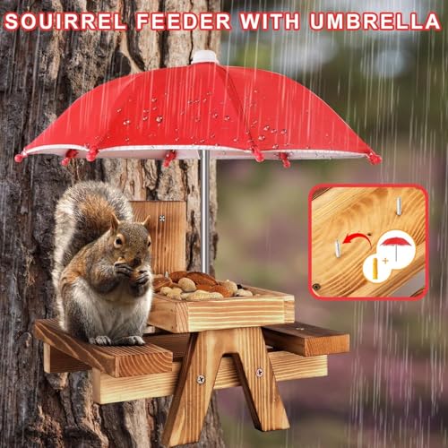 Gnodary Squirrel Feeder with Umbrella, Squirrel Feeders for Outside, Squirrel Picnic Table Feeder - Chipmunk Feeder Hold Corn, Corn Cob, Peanuts (Bright-Red) - color: Bright-Red