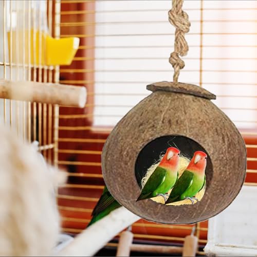 kathson Natural Coconut Shell Bird Nest,Hanging Coco Birds House,Parrots Hide Hut Habitats Decor,Parrot Cage Accessories for Lovebirds Cockatiel Canary Budgies,Feeder Spoon,4 Toy Balls(6 Pcs) - size: [M:9.8 x 5.1 x 5.1 lnches]