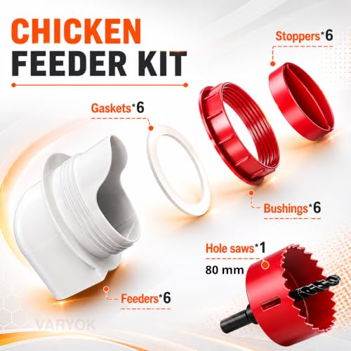 Chicken Feeder Port Kit, 6 Ports No Waste Automatic Chicken Feeder Cups with Rainproof Covers, 3.15" Hole Saw, DIY Gravity Poultry Feeder for Buckets, Barrels, Bins & Troughs