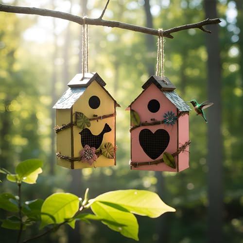 DoubleFill 2 Pcs Birdhouses for Outdoor Hanging Yard Outside Wooden Birdhouse Hand Painted Bird Box for Bird Lovers Bluebird Tree Garden Decor Decorative Birdhouse(Pink,Yellow,Iron Roof) - color: Pink,Yellow, size: Iron Roof