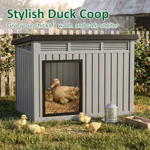 Large Chicken Coop with Hydraulic Air Rod, Resin Duck Coop with Elevated Floor and Air Vents, Backyard Poultry Pet Shelter with Weatherproof Openable Roof, for Chicken, Ducks, Rabbits, Grey - color: Grey, size: 42.9"L x 33.0"W x 31.6"H