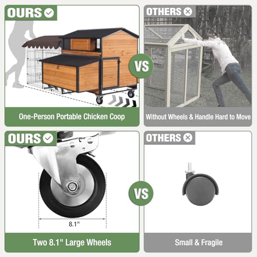 Portable Chicken Coop with All-Around Metal Frame & Super Large Wheels, 76.7" L Hen House with Metal Run, Mobile Poultry Cage with 6 Nesting Boxes for 6-8 Chickens
