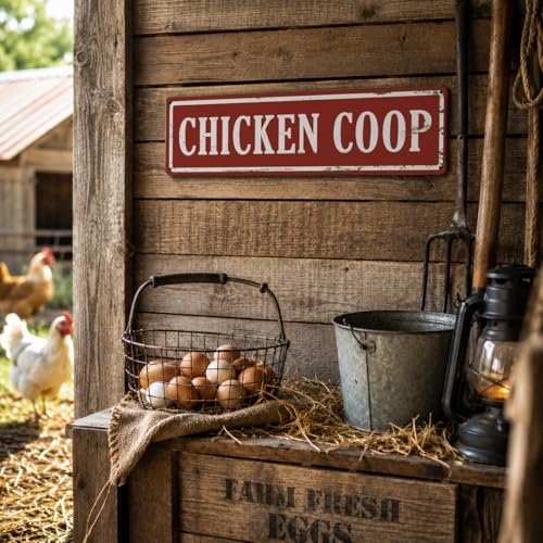 Rustic Farmhouse Style Chicken Coop Sign, Metal Outdoor Chicken House Signs, Retro Metal Tin Sign, Wall Decor Art, Farmhouse Decor, Backyard Hen House Gift 15.8x4 Inch - color: Farmhouse 12