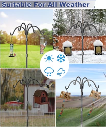 Upgrade 4-Hook Shepherds Hooks for Outdoor with Plastic Tube, 92" Heavy Duty Bird Feeder Pole with 5 Prongs Base, Adjustable Garden Hook for Solar Light, Hanging Plant, Wedding Decor, 1 Pack
